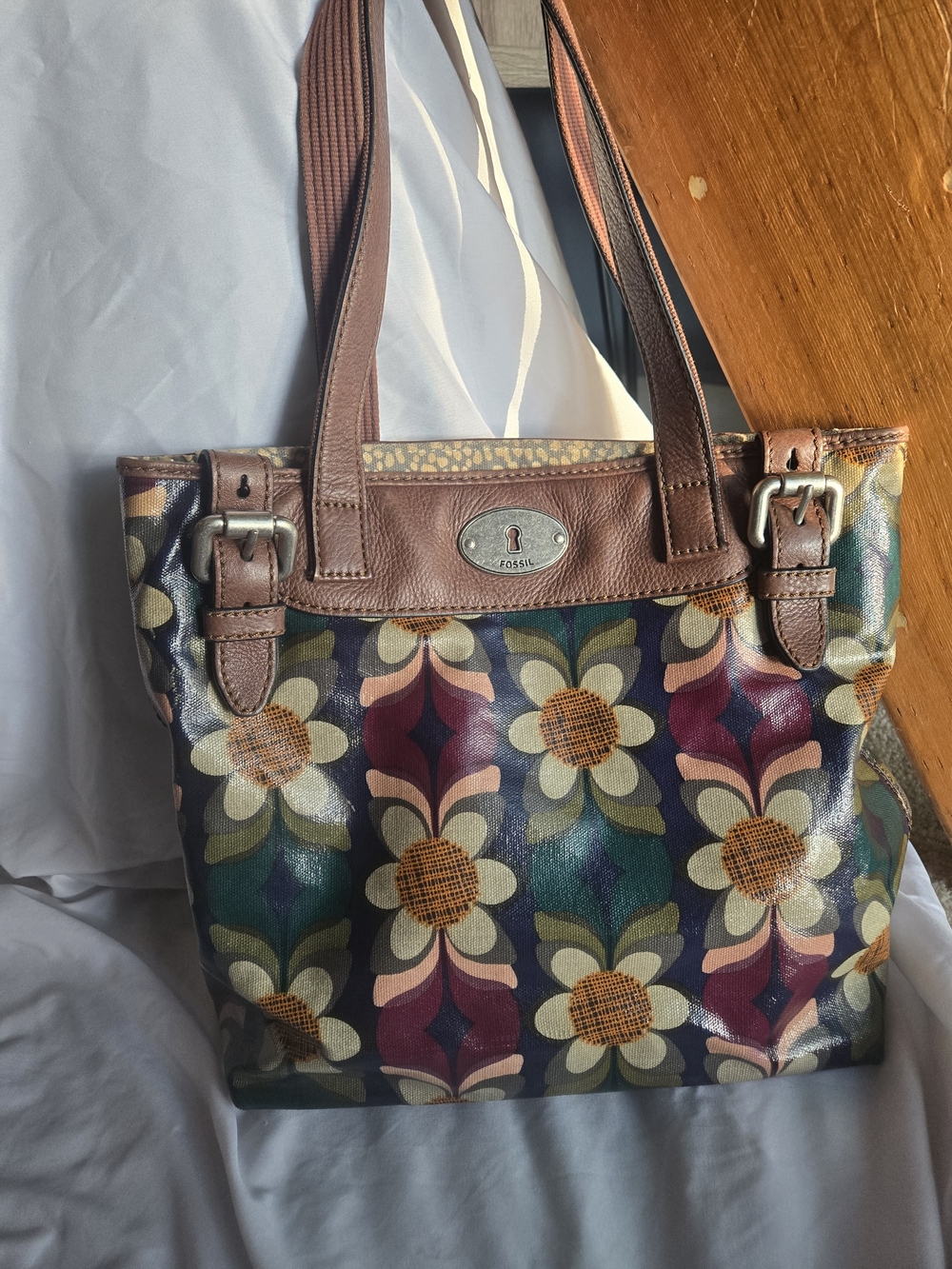 Fossil Multicolor Floral Printed Tote with Brown Leather Trim